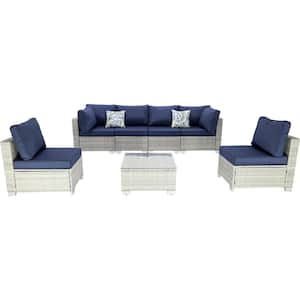 7-Piece Grey Wicker Outdoor Sectional, Rattan Outdoor Patio Set with Dark Blue Cushions, Pillows and Coffe Table