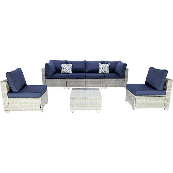 Unbranded 7-Piece Grey Wicker Outdoor Sectional, Rattan Outdoor Patio Set with Dark Blue Cushions, Pillows and Coffe Table