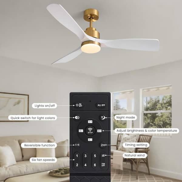 52 in. Standard Downrod Mount Indoor White and Gold 3-Blade Ceiling Fan with Integrated LED Light and Remote Included