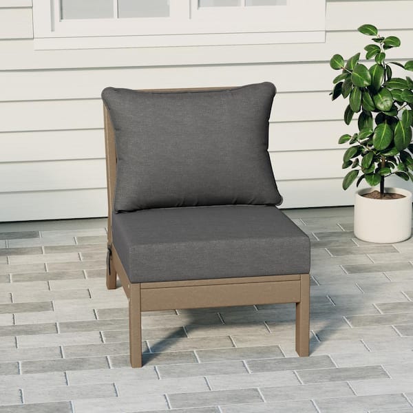 Birchwood Outdoor Patio Deep Seating HDPE Armless Lounge Chair in Weathered Wood with Grey Cushions
