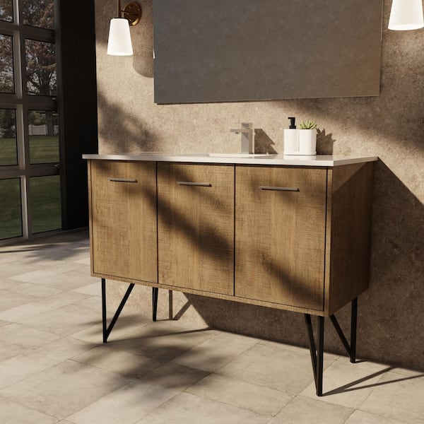 Lancy 48 in W x 20 in D Rustic Acacia Bath Vanity, White Quartz Top, Gun Metal Faucet Set and 43 in Mirror