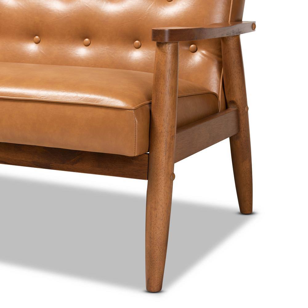 Tan Faux Leather Walnut Brown Wood Loveseat