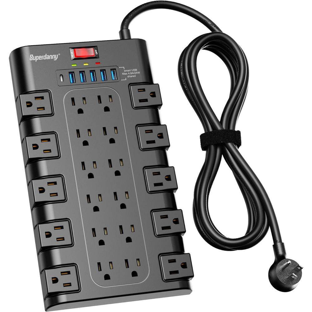 6.5 ft. 28-Outlet Power Strip Surge Protector with 5 USB Slot Black
