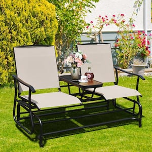 2-Person Black Metal Outdoor Bench Glider Loveseat Rocking with Center Table