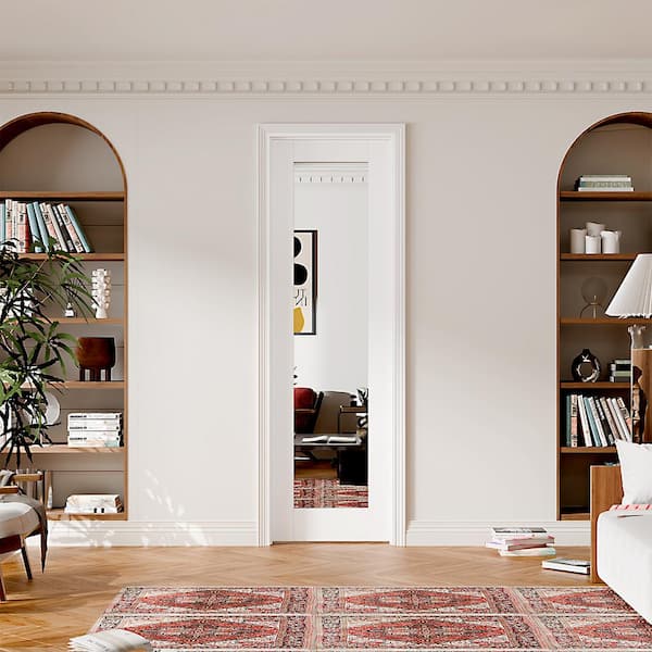 24 in. x 80 in. 1-Lite Mirrored Glass Single Prehung Interior Door Left Handed MDF White with Door Jamb and Hardware Kit