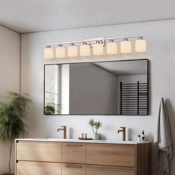 52 in. 8-Light Brushed Nickel Modern Bathroom Vanity Light with Milky White Frosted Glass Shades(Bulb Not Included)
