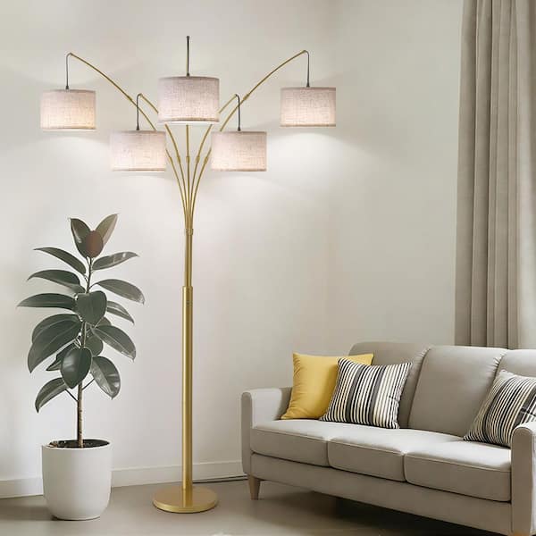 80" Arc Gold Modern 5-Light Tall Standing Tree-Style Floor Lamp with Remote, Adjustable Arched Arm, 3-Color Temperature
