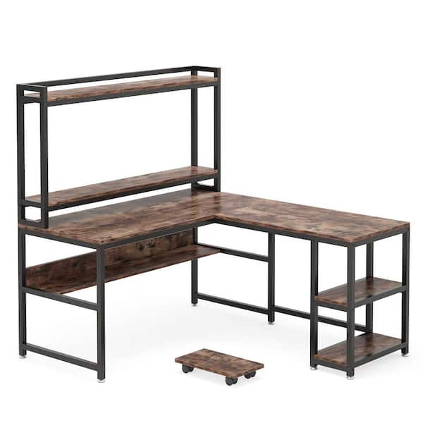 TRIBESIGNS WAY TO ORIGIN Perry 59 in. Reversible L-Shaped Brown Wood Desk with Monitor Stand and Shelves, Corner Computer Desk for Home Office