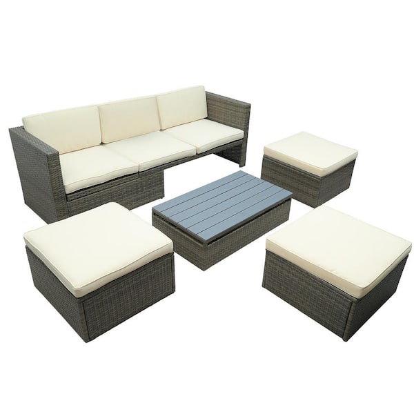 Zeus & Ruta 5-Piece Brown Wicker PE Rattan Adjustable Outdoor Sectional Sofa Set with Beige Cushions, Ottomans Lift Top Coffee Table