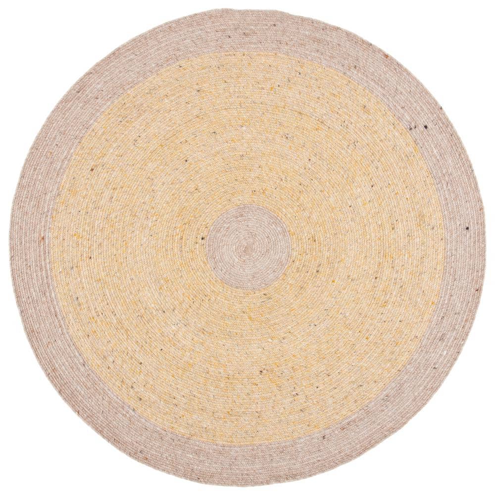 Handmade Gold and Beige Round Wool Braided Rug