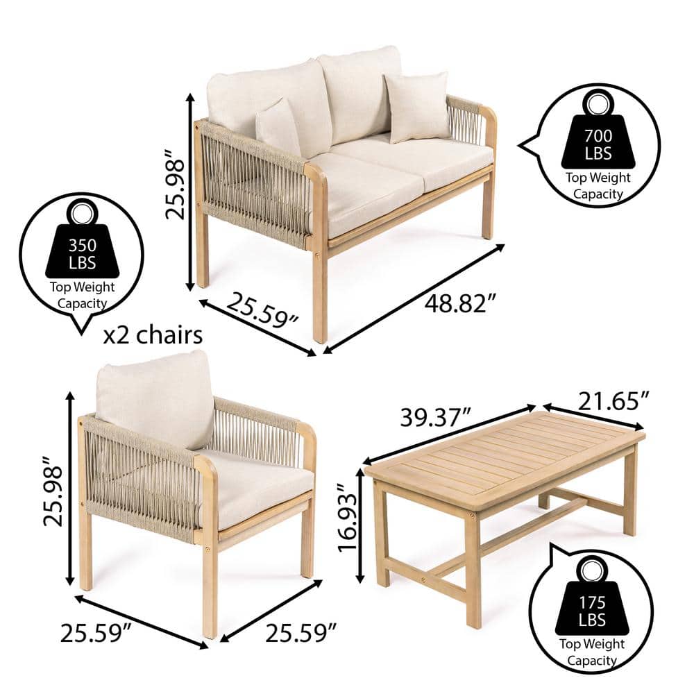 Tavira 4-Piece Light Teak Acacia Wood Patio Set with Beige Cushions