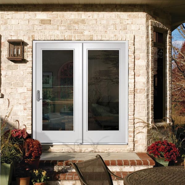 72 in. x 80 in. Primed Fiberglass Prehung Right Hand Inswing Low-E Clear Glass Full Lite Hinged Patio Door with Screen