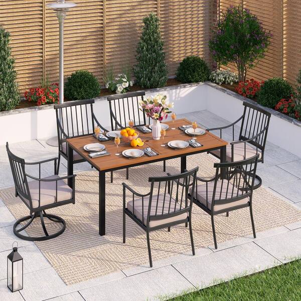 PHI VILLA Black 7-Piece Metal Patio Outdoor Dining Set with Brown ...