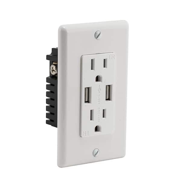 15 Amp Tamper-Resistant Electric Outlet with USB Chargers, White (1-pack)