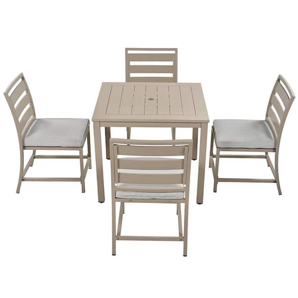 HOTEBIKE Brown 5-Piece Acacia Wood Patio Outdoor Dining Set with Gray Cushions and Umbrella Hole