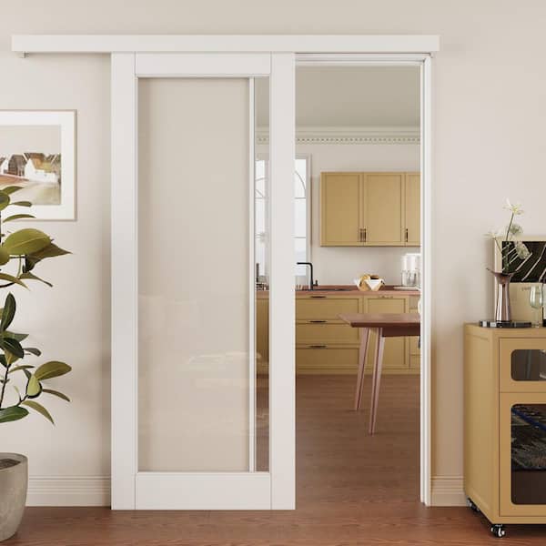 ARK DESIGN 32 in. x 80 in. Hidden Track Style 1-Lite Clear Glass White Primed MDF Sliding Barn Door with Hardware Kit