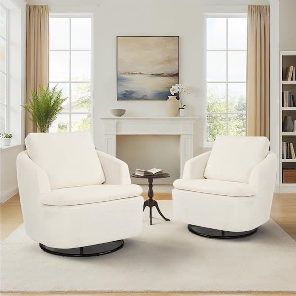 Arthur 35 in. Ivory Fabric Upholstered Swivel Glider Arm Chair with Metal Base Swivel Accent Chair Set of 2