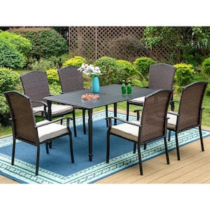 Black 7-Piece Metal Patio Outdoor Dining Set with Slat Table and Rattan Chairs with Beige Cushion