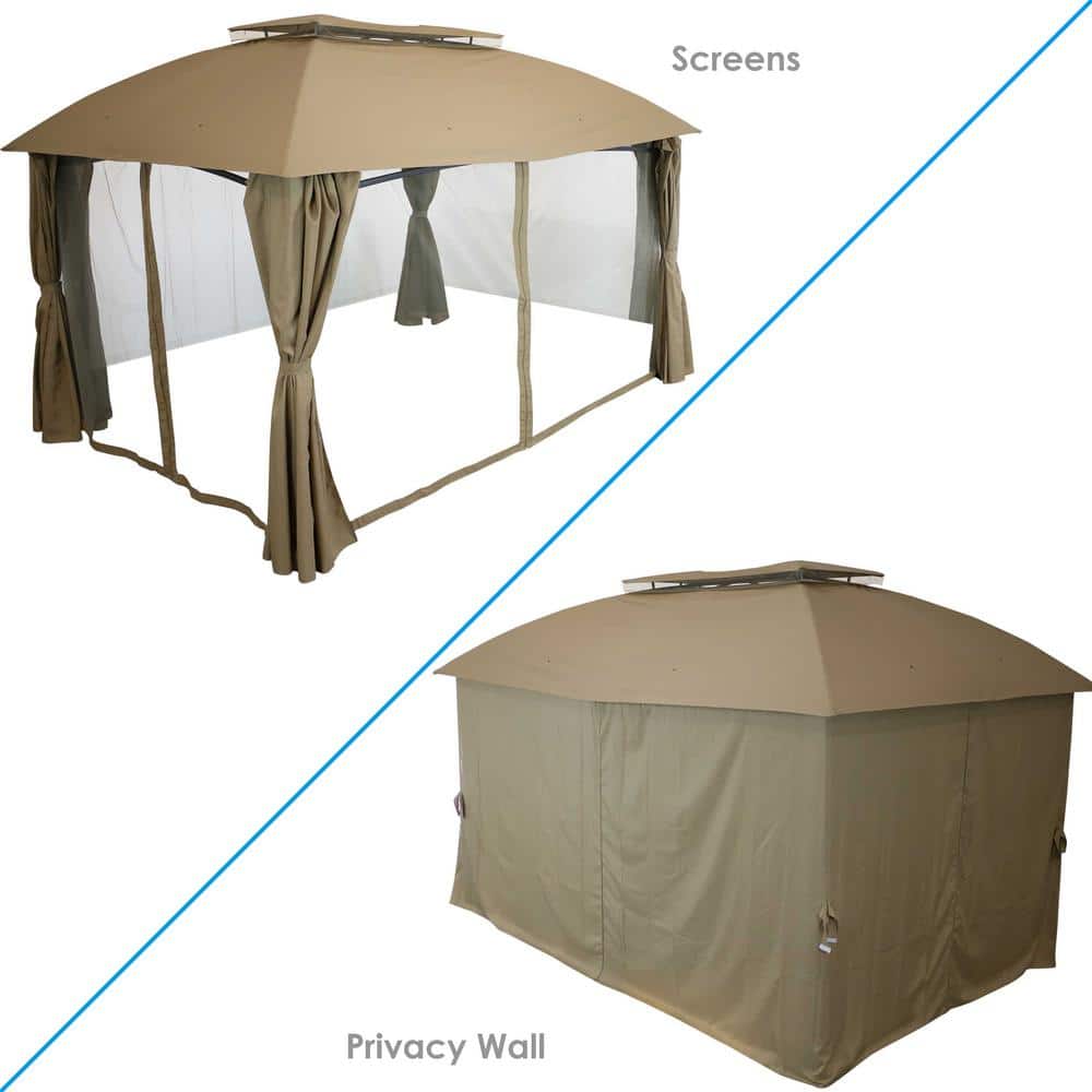 Tan Soft-Top Patio Gazebo with Screens and Privacy Walls
