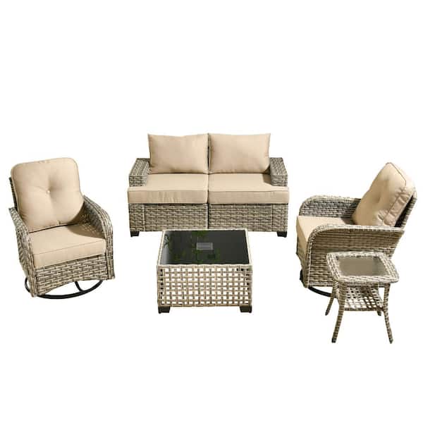 Torino Gray 6-Piece Modern Wicker Patio Conversation Deep Seating Set with Swivel Rocking Chairs and Beige Cushions