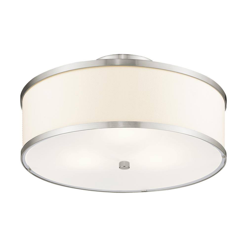 Elegant Brushed Nickel 3-Light Semi-Flush Drum with Off-White Fabric Shade