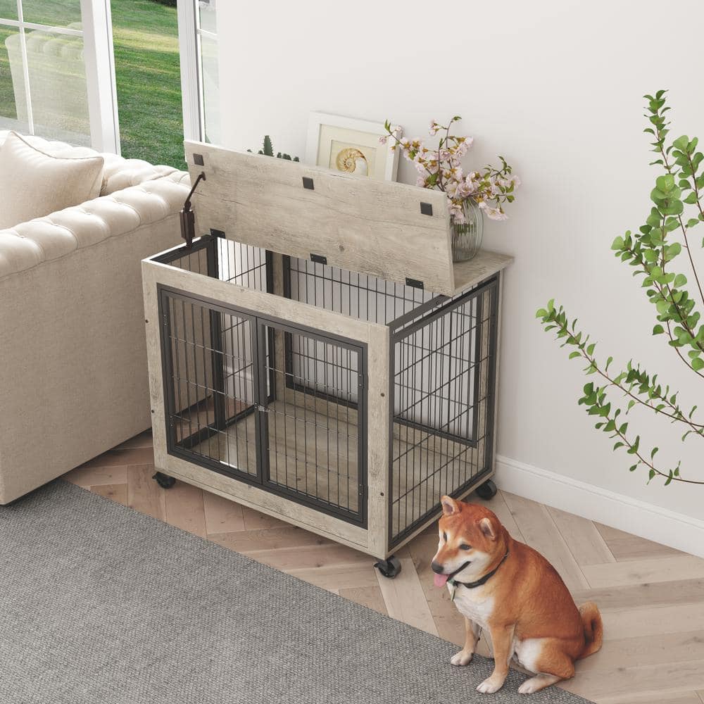 Gray Rolling Wooden Dog Crate Side Table with Double Doors