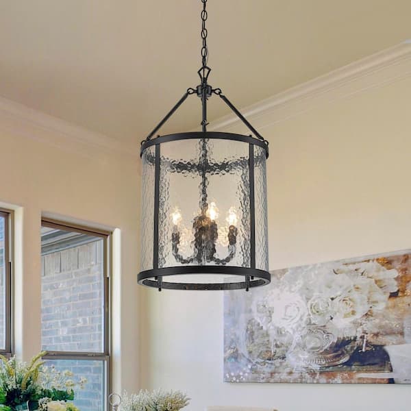 EDISLIVE Ellison Industrial 4-Light Black Lantern Geometric Chandelier with Water Grained Glass Shade