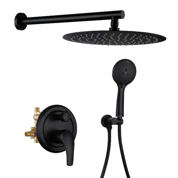 FLG Wall Mount Single-Handle 5-Spray Round Shower Faucet with 12 in. Shower Head in Matte Black (Valve Included)