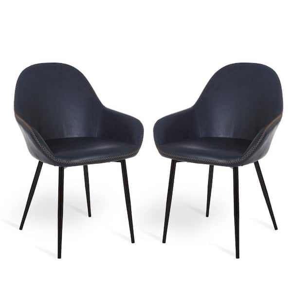 Glitzhome Mid Century Modern Navy Blue Leatherette Dining Armchair (Set of 2)