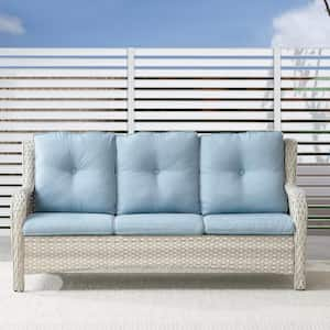 ArcoBay Metal and Light Beige Wicker Outdoor 3-Seat Sectional Couch Sofa with Olefin Baby Blue Cushions