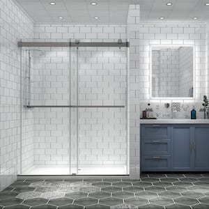 60 in. W x 74 in. H Sliding Frameless Shower Door in Brushed Nickel with Clear Glass