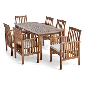 Casa Acacia Teak Brown 7-Piece Acacia Wood Rectangular Table with Straight Legs Outdoor Dining Set with Cream Cushions