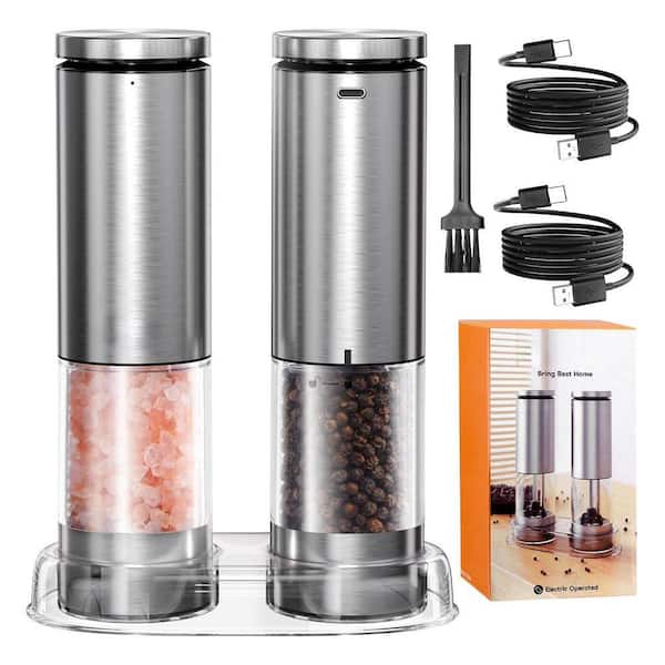 Electric Salt & Pepper Grinder Set, Rechargeable Stainless Steel Mill, 100ml Automatic Shakers w/ Adjustable Coarseness
