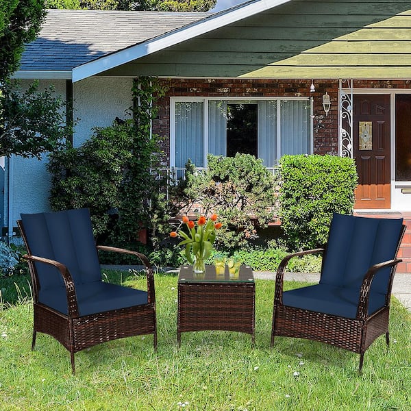 3-Piece Wicker Patio Conversation Set with Navy Cushion