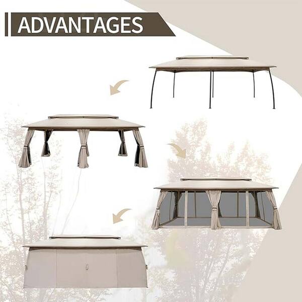 Unbranded - 20 ft. x 10 ft. Beige Outdoor Double Tier Gazebo Tent with Side Mesh Curtains for Lawn, Backyard and Party