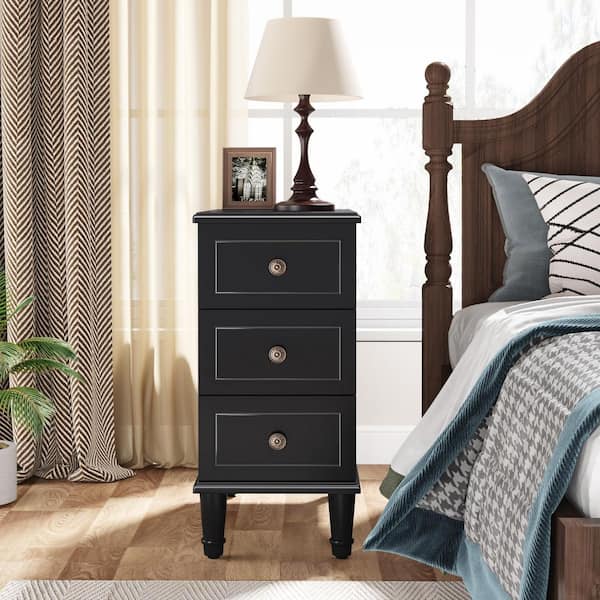BYBLIGHT Kerlin 23.62 in. W Black Rectangle Fully Assembled Wood End Side Table Vintage 3-Drawers Bedside Nightstand Home Office