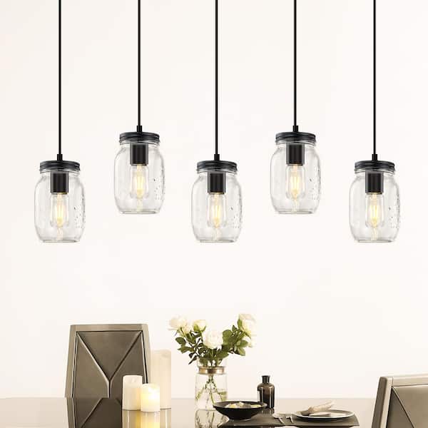 5-Light Matte Black Farmhouse Mason Jar Linear Hanging Kitchen Island Light
