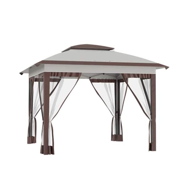 12 ft. x 12 ft. Outdoor Steel Event/Party Pop Up Instant Tent Canopy with Netting and Height Adjustable Beige and Brown