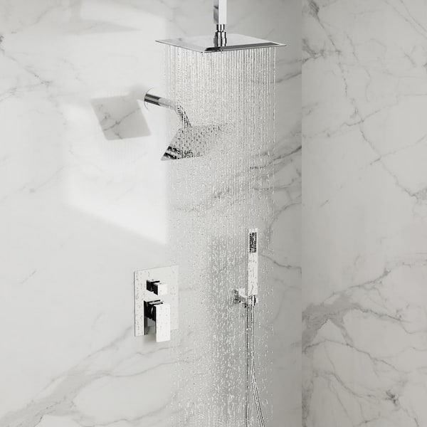 10&6 in. Dual Square Shower Heads Double Handle 3-Spray Tub and Shower Faucet 2.5 GPM in Polished Chrome Valve Included