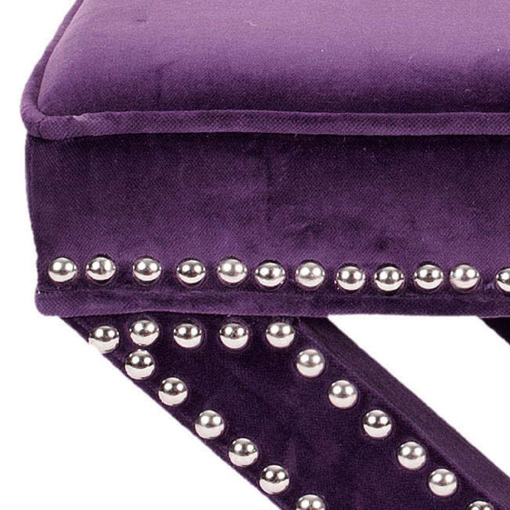 Transitional Plum Velvet 22" Ottoman with Silver Nail Head Trim