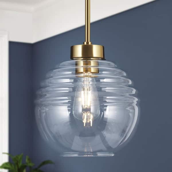Uolfin Modern Kitchen Island Pendant Light Bubble 1-Light Brass Gold Pendant Lighting with Clear Striped Glass Shade