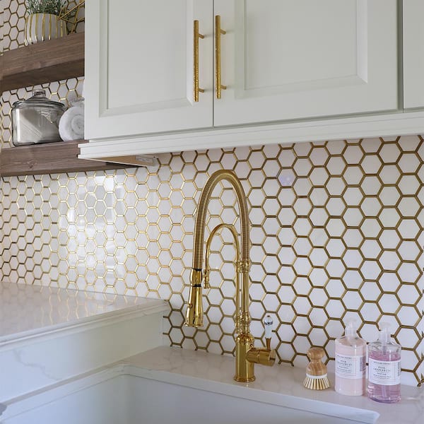 Jeffrey Court      Karats White 10.625 in. x 11.125 in. x 8 mm Hexagon Natural Stone/Metal Wall and Floor Mosaic Tile