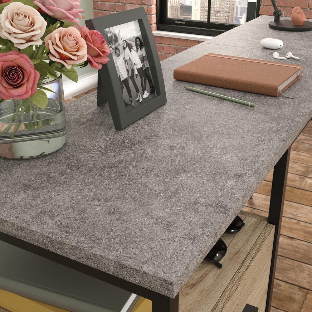 Gray Oak L-Shaped Computer Desk with Drawer and Filing Cabinet