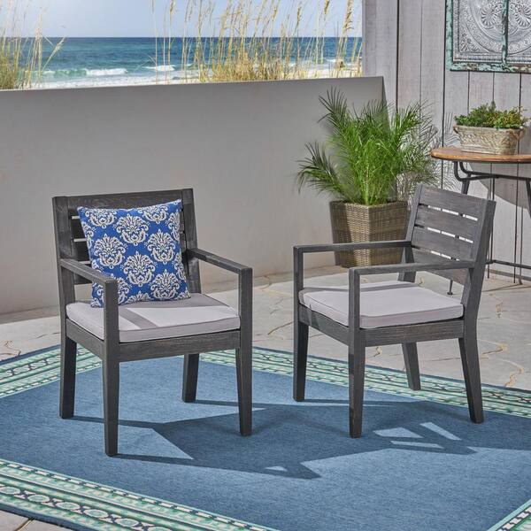 Noble House Tegan Sandblast Dark Grey Stationary Wood Outdoor Dining Chair with Light Gray Cushion (2-Pack)