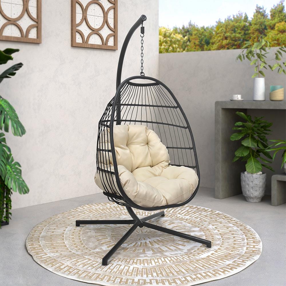 32.5 in. 1-Person Black Steel Stand and Wicker Hanging Basket Patio Swing Chair with Beige Cushion price history on PriceWatchPro