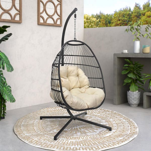 32.5 in. 1-Person Black Steel Stand and Wicker Hanging Basket Patio Swing Chair with Beige Cushion
