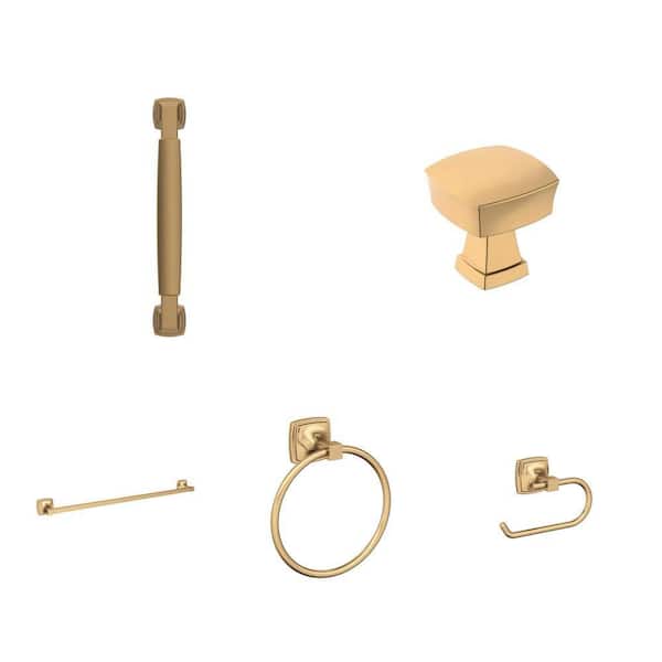 Stature Champagne Bronze Hardware Set:  5-1/16 in. Pull, 1-1/4 in. Knob, 24 in. Towel Bar, Towel Ring and TP Holder