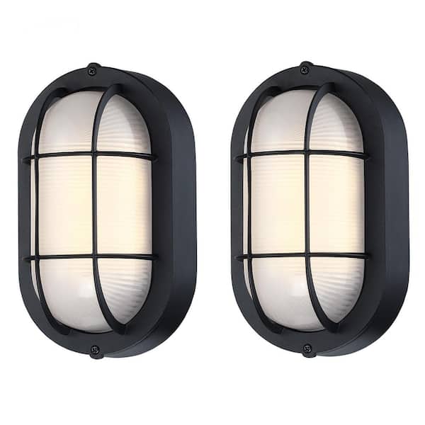 2-Pack 8.5 in. x 5 in. 1-Light Oval Matte Black LED Bulkhead Outdoor Wall Sconce Light Fixture With 500 Lumen