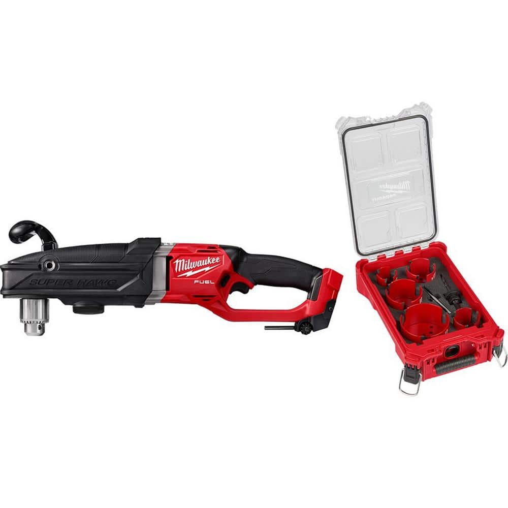 Milwaukee M18 FUEL 18-Volt Lithium-Ion Brushless Cordless GEN 2 Super Hawg 1/2 in. Right Angle Drill w/9pc PACKOUT Hole Saw Kit
