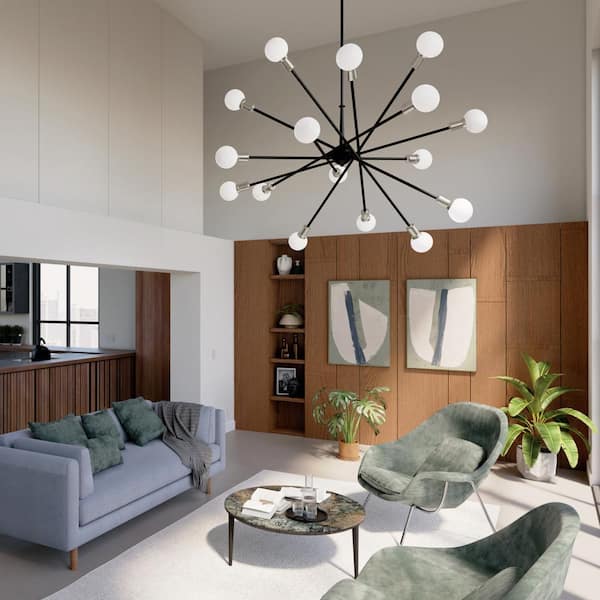 Armstrong 63 in. 16-Light Black Mid-Century Modern Sputnik Cluster Chandelier for Dining Room